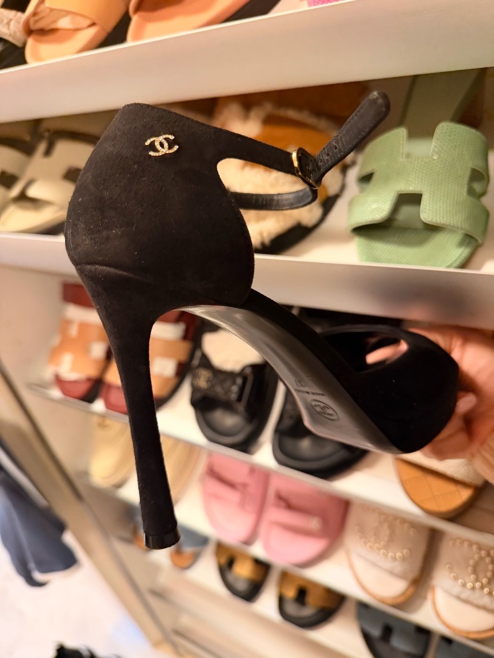 CHANEL Black Suede Ankle-Strap Stiletto with Gold CC